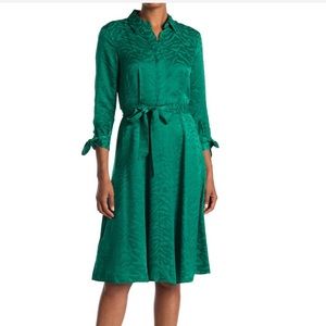 Calvin Klein tie-sleeve jacquard shirt dress / green / medium
